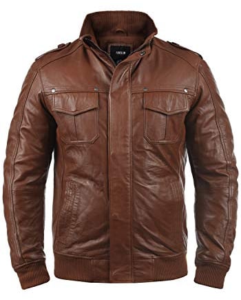 !Solid SDCamash Herren Lederjacke Bikerjacke Echtleder Jacke mit Stehkragen Eingrifftaschen Rippbündchen 100% Schafsleder Regular fit, Größe:L, Farbe:Golden Bro (5063)