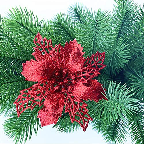 GLITZFAS 12 Stück Glitter Weihnachtsbaum Dekoration, Weihnachtsbaumschmuck Ornament Weihnachten Blumen Dekor, Christbaumanhänger (Rot,16 cm)