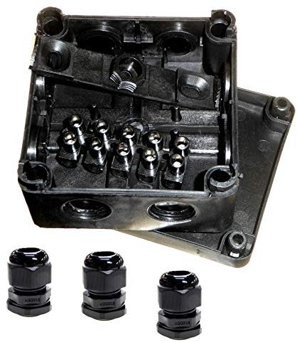IP66 Black Waterproof Outdoor/External Junction Box with 3x Glands Mounting Bracket and 5 Pole Terminal Block