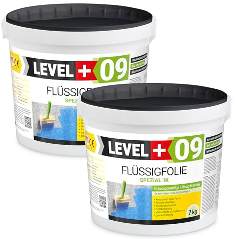 Level + 09 Flüssigfolie Spezial für Balkon, Terrasse, Bad & Dusche | Dichtfolie unter Fliesen auf Beton, Putz & Estrich – Flüssigabdichtung, Wasserdicht, Frostbeständig & Gebrauchsfertig – 14 kg