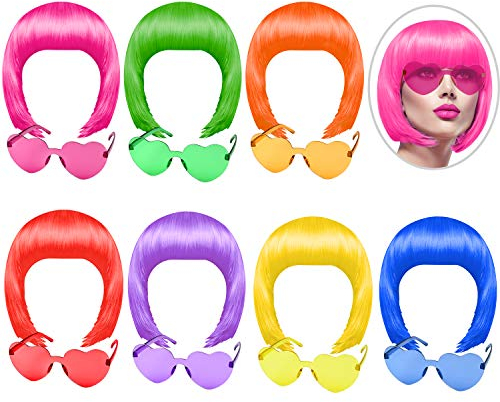 KUUQA 14 Stück Partei Perücken und Sonnenbrillen Set, Neon kurze Pack Kostüm bunte Cosplay Sonnenbrille bob Perücke Perücke täglich Partei Toupets für bachelorette Neon Party