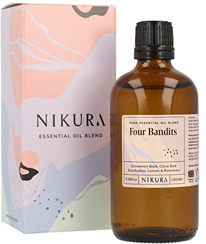 Nikura Four Bandits Essential Oil Blend - 100ml | Made with Cinnamon, Clove Bud, Eucalyptus, Lemon & Rosemary | Great for Aromatherapy, Diffuser, Decongestant, Cleaning | Vegan & UK Made