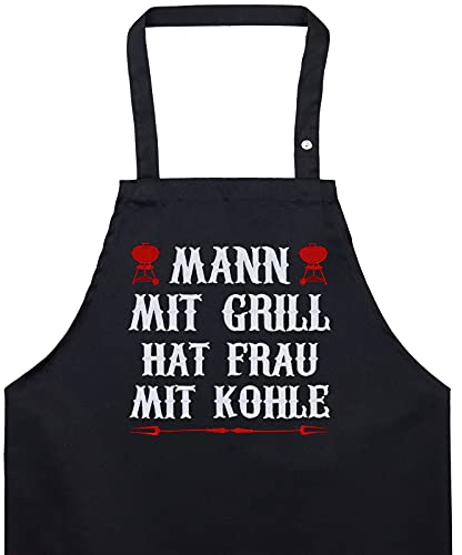 EXPRESS-STICKEREI BBQ Grillschürze - Lustige Kochschürze für Grillfans - Verstellbare Latzschürze für Männer/Frauen - Küchenschürze mit Spruch Mann mit Grill hat Frau mit Kohle