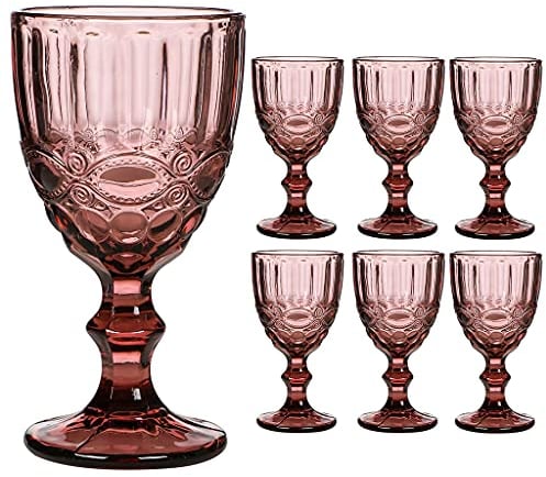 Wine Glass Set of 6 Pink Baroque Embossed 300ml Drink Goblets Alfresco Dining Glassware