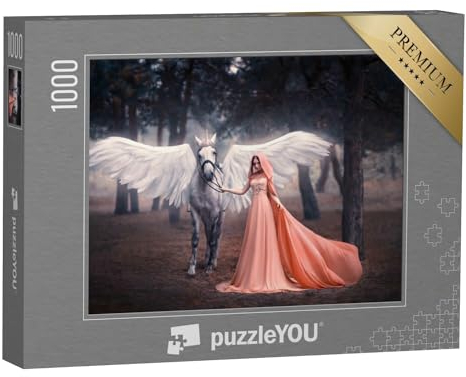 puzzleYOU: Puzzle 1000 Teile „Künstlerische Fotografie: Junge Elfenfrau mit ihrem geflügelten Einhorn“ – aus der Puzzle-Kollektion Fantasy, Einhorn, Einhörner, Tiere aus Fantasy & Urzeit