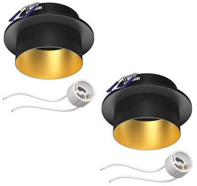 ledscom.de 2 Stück Deckeneinbaurahmen KRON, rund, schwarz/gold matt (GU10/MR16/GU5,3/50mm) inkl. GU10 Fassung