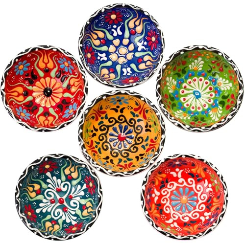 BCS Set di 6 ciotole in ceramica, piccole ciotole da immersione, piatti da portata decorativi multicolore fatti a mano (8,1 cm - 85 g)