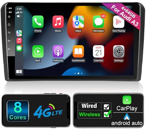 Android Autoradio mit Navi Bildschirm Carplay Android Auto für Audi A3 S3 RS3 2003-2012,9 Zoll 4GB+64GB Android 1 Din Radio Auto Radio Touch Display mit Bluetooth RDS FM GPS WiFi