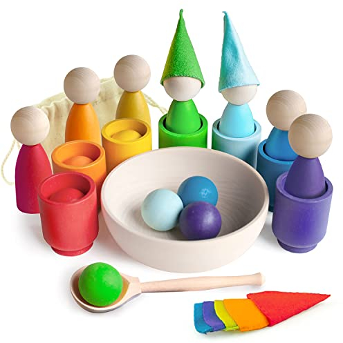Ulanik Große Regenbogen Steckpuppen und Bälle in Tassen Montessori Spielzeug ab 3 Jahre + Waldorf Puppen Sensorik Holzspiele zum Farben Lernen — 7 Zwerge