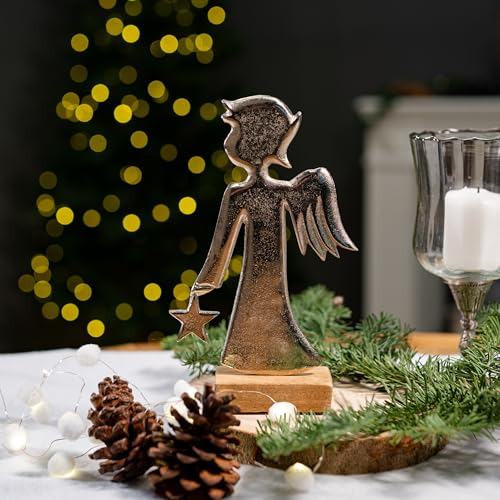 Metall Engel Silber mit Mango-Holz Fuß braun 15 x 25cm Dekofigur Skulptur Tisch-Deko