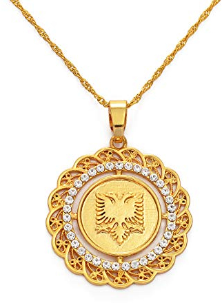 Halskette Mit Anhänger „Karte Von Albanien“ Für Männer – Runder Albanien-Adler-Anhänger,Halsketten,Charms,Münzen,Schmuck,Runder Strassstein,Traditionelle Albanische Ornamente,Goldfarben,45 Cm