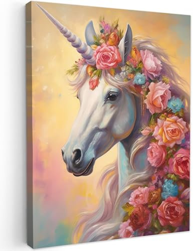 MuchoWow© Leinwandbild 50x70 cm Dekoration Wohnzimmer Bilder Aufhängen Wall Decoration Living Room Wohnungs Deko Moderne Einhorn - Rosen - Einhorn - Blumen