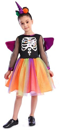 Sincere Party Einhorn Skelett Hexenkostüm, kreatives und elegantes Halloween Kostüm für Mädchen 7-8Jahre