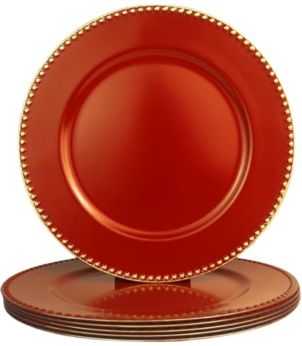UOEKCS Red Charger Plates with Beaded Rim, 13 Round Charger for Dinner Plates, Set of 6 Plastic Plate Chargers for Wedding, Thanksgivng, Christmas.