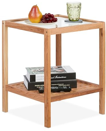 Relaxdays Mesa Mesita Auxiliar con Tablero Cristal, Mesilla con Estante, Madera Nogal, Dormitorio, Salón, 50x40x40cm, Natural, 50x40x40 cm