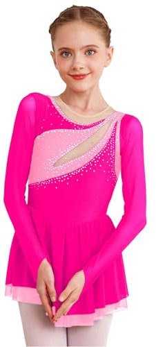 CHICTRY Bambina Manica Lunga Body da Ginnastica Artistica Strass Leotards Bodysuit da Danza Classica Body da Pattinaggio Ballo con Gonna Abito da Jazz Latino Rosa 5-6 Anni