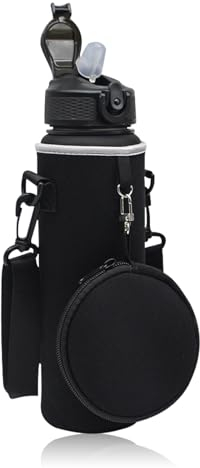 MultiValue Neoprene Water Bottle Holder, Sport Water Bottle Carrier with Adjustable Shoulder Strap & Detachable Wallet, Walking Accessories Water Bottle Bag for Exercising Walking Hiking (Black)