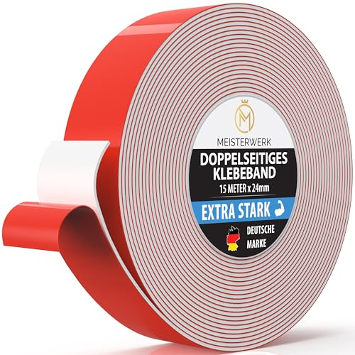 MEISTERWERK Doppelseitiges Klebeband ohne Bohren - [EXTRA STARK] - Universelles Montageband I Doppelseitiges Klebeband stark I Doppelklebeband Klebeband (15m x 24mm)