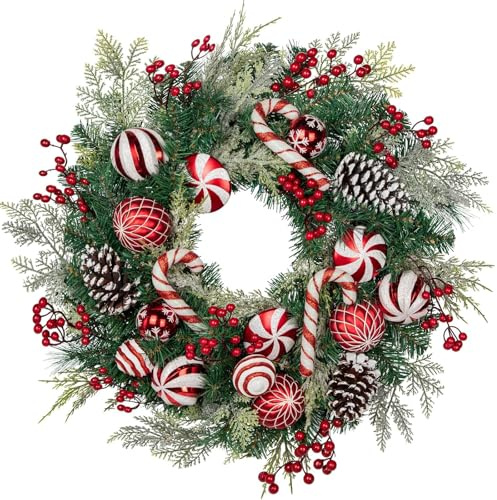 24 inch Christmas Door Wreath, Norfolk Pine Wreaths for Front Door with Candy Cane Red and White Ball Pinecones Berries Reef for Fireplace Xmas Decorations, Wall Window Indoor Outdoor Decor
