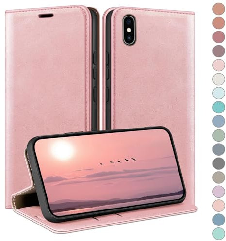HUOUH für iPhone X/XS 5,8 Hülle mit RFID Schutzhülle aus Lederhülle Handyhülle,360 Grad Schutz Case,Kartenfach Leder ständer Handy hülle für Apple X/XS Klapphülle Wallet Cover Roségold