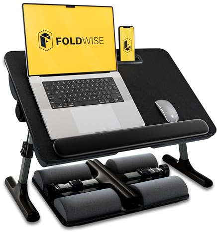 FoldWise 2-in-1 Bed Table & Lap Desk - Soft Cushions, Adjustable Height & Angle, Foldable with Wrist Rest, Tablet Holder, Edge Stopper & Laptop Table Non-Slip Leather, Ideal for Bed Desk, Sofa & Chair