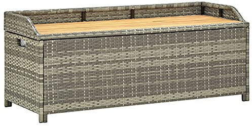 Poly Rattan Storage Bench with Spacious Interior, Acacia Wood Slats, and Steel Frame - Weather Resistant, Easy to Assemble, Gray, 120x50x50 cm