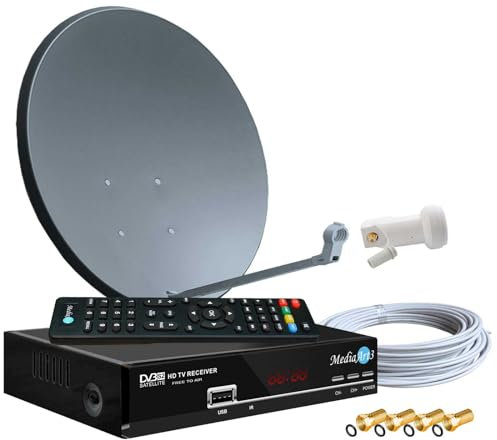 Digitale Satanlage Komplettset 60cm Sat-Schüssel Spiegel Antrazit HDTV Sat-Receiver 2X USB LNB 0,1dB Kabel Sat Anlage 1 Teilnehmer Full HD Astra 19°E Deutsch F-Steckern