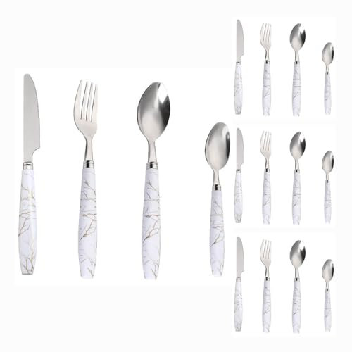 Poignée En Marbre ABS Cuisine Acier Inoxydable Argenterie Vaisselle Couverts Ensemble De Couverts Couteau À Steak Fourchette Cuillère Cuillère À Café (Blanc,16 pièces)