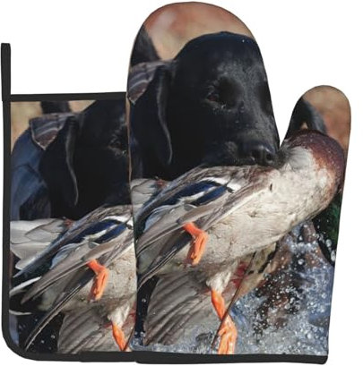 Ente Jagd Labrador Hund Cool Schwarz Welpen Tier, Ofenhandschuhe und Topflappen, Kochhandschuhe, hitzebeständige Backhandschuhe