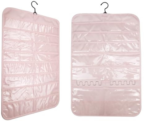 KANCNT Hängende Schmuck Organizer,Doppelseitiger Aufbewahrungshalter mit 5 Art von Taschen & Haken für Ring, Ohrring,Armband,Halskette,Gläser,Uhren auf Schrank,Wand,Tür,Garderobe,Kommode,1 Stück,Rosa