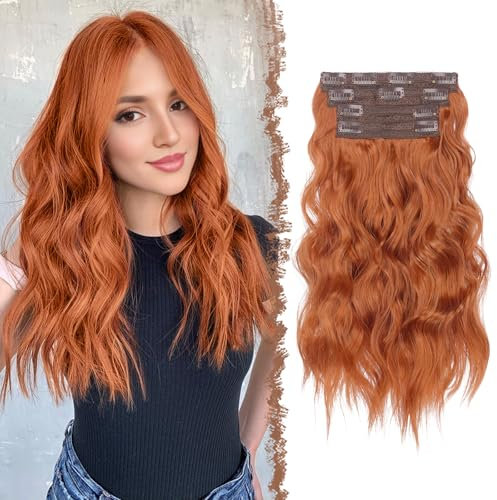 FESHFEN Clip in Extensions, 4PCs Lang Wellig Voller Kopf Haarverlängerungen mit Clips Synthetik Gewellt Kupferrot Haarextension Wavy Haar Extensions Clip in Haarteil für Damen 40 cm