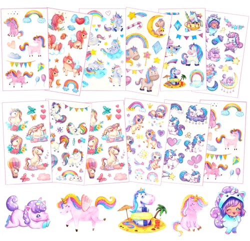 Einhorn Tattoos für Mädchen - 12 Blätter Kindertattoos Hautfreundlich - Pferde Tattoos Schultüte Füllung - Geburtstag Regenbogen Tattoo - Geschenke für Kinder