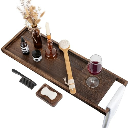 Hanobe Badewannenablage Holz Badewannenbrett für Badewanne: Vintage Badewannen Ablage 80cm Bath Tray for Tub - Rustikal Dunkel Badewannentablett Brett Groß für Eckbadewanne