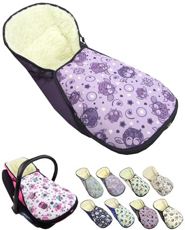 Fußsack für Babyschale [Winterfußsack] für Kinderautositz kompatibel mit Maxi Cosi Babyschalen Gruppe 0+ Lammwolle Sitzauflage verstellbar (Eule 6)