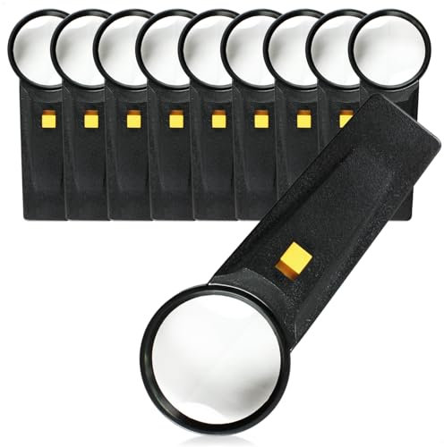 com-four® 10x Lese-Lupe mit LED Beleuchtung - 5-Fach Vergrößerungsglas für zu Hause und unterwegs - Lesehilfe aus Glas mit breitem Griff - beidseitig verwendbare Handlupe (10 Stück - mit LED)