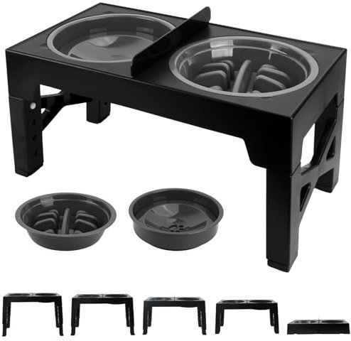 Focenat Gamelles Surélevées, Support Gamelle Chien Antidérapant avec Gamelle Anti-Glouton, Gamelle Eau Anti-Éclaboussure, 5 Hauteurs, Gamelles Chiens Surelevées pour Chien de Taille Moyenne et Grande