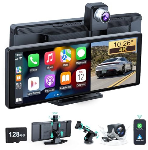 Wireless Car Stereo, 10.26 Inch Portable Car Audio,Carplay Screen with 4K Front + Rear 1080P Dual Camera Dash Cam,Wireless Car Play with Mirror Link/S-iri/AUX/64G TF