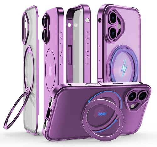 Hülle für iPhone 16 360 Grad mit Magsafe, Handyhülle Metallrahmen und Eingebaut Displayschutz Folie Full Body Komplettschutz Panzerhülle mit 360° Magnetischer Ständer Standring,Rosé