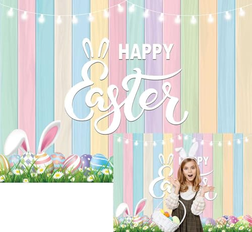 XCKALI Colorful Wood Easter Backdrop Colorful Eggs Rabbit Green Grass Happy Easter Photography Background Party Decoration 7x5FT