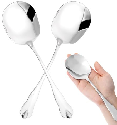 JIYIN Large Serving Spoons, 2 Pcs Stainless Steel Silver Soup Spoons, 8'' Long Handle Big Tablespoon Square Head Design Serving Spoons for Ramen Dumplings Ice Cream Dessert, Restaurant Tableware