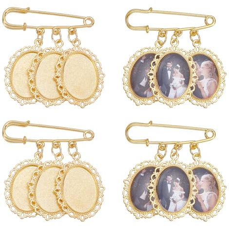UNICRAFTALE 4 Stück Goldenes Boutonniere Bastelset Memorial Anhänger Edelstahl Blanko Ovale Anstecknadel Hochzeitsstrauß Foto Brosche Charm Für DIY Zubehör Hochzeit Bräutigam Braut