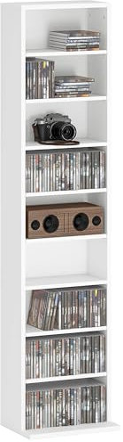 HOMCOM 260 CD/120 DVD Storage Unit, Blu-ray Media Storage Shelf with 9 Compartments and 6 Adjustable Shelves, CD Tower for Living Room, Bedroom, Office, White