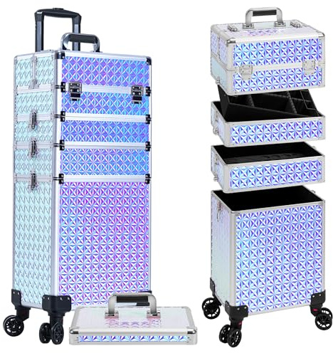 Arous Kosmetikkoffer Trolley, 5-in-1 Groß Kosmetik Trolley Schminkkoffer mit Rollen Friseurkoffer Alu Beauty Case Nagelkoffer Multikoffer