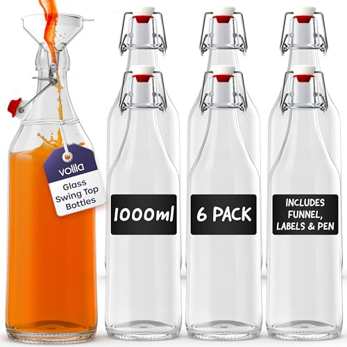 volila 1L Flip Top Bottles with Stoppers - 1000ml Clear Swing Top Bottles for Homebrewing and Beverages - with Leak Proof Caps, Labels, Pen and Funnel (6 Pack)