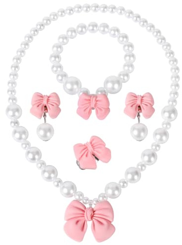 MAOSHYMS Regalo Bambina Set Gioielli, 5 Pezzi Perle Fiocco Gioielleria con Collana Bracciale Orecchini Anelli, Principessa Kit Gioielli per Bambini Feste Accessori Compleanno Regali