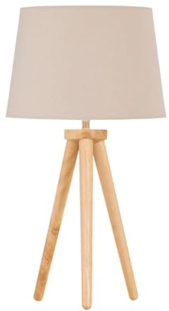 Modern Light Oak Table Lamp or Bedside Light, Wood Tripod Design, Natural Shade
