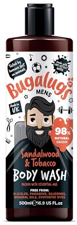 BUGALUGS Mens Shower Gel 500ml, Natural Body Wash for Men for Sensitive Skin packed with essential oils & made with Lake District Water. Now smell better than your Dog (Sandalwood & Tobacco)