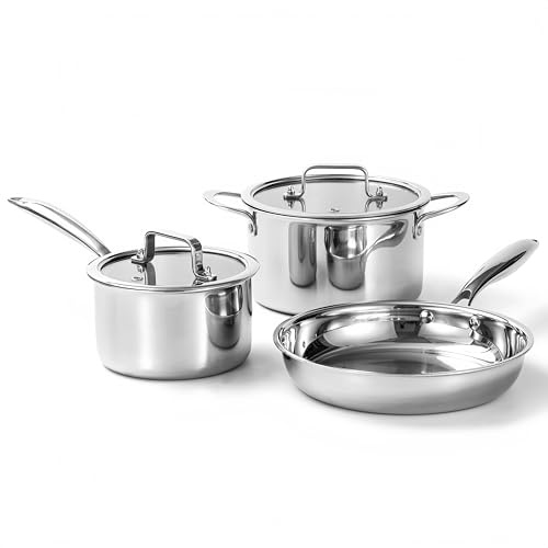 Kochtöpfe inkl.Glasdeckel,Bratpfanne,3erTopf-Set,Ø16cm,Ø20cm,Ø26cm,Spülmaschinengeeignet, Töpfe für Induktion, ganz bekleidet 3-ply Edelstahl