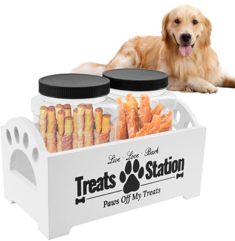 Dog Treat Container Wood Dog Treat Jar Set Dog Food Storage Container with 2 Plastic Jars Reusable Dog Cookie Jar Cat Treat Holder for Pet Owners and Lovers (White)