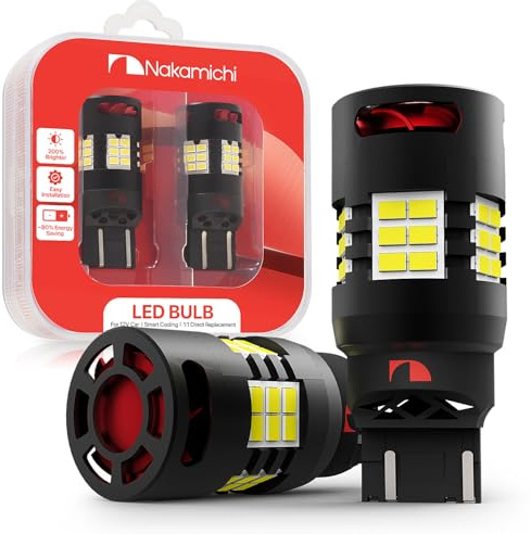 Nakamichi T20 7443 7441 7444 (W21/5W) Car LED Bulb 30-SMD 3020 Chip with Canbus Error-Free 12,000 RPM Fan for Brake Turn Signal Indicator Reverse Backup Tail Light (Xenon White, 30 LEDs, Pack of 2)